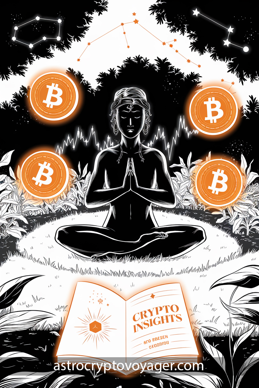Comic-style, black and white with orange accents: A Virgo figure meditating in a peaceful garden surrounded by glowing Bitcoin charts and a journal titled “Crypto Insights.”